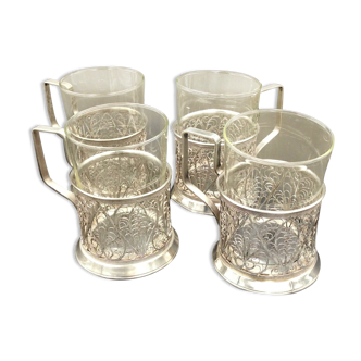 4 russian tea cups silver metal watermarked ussr