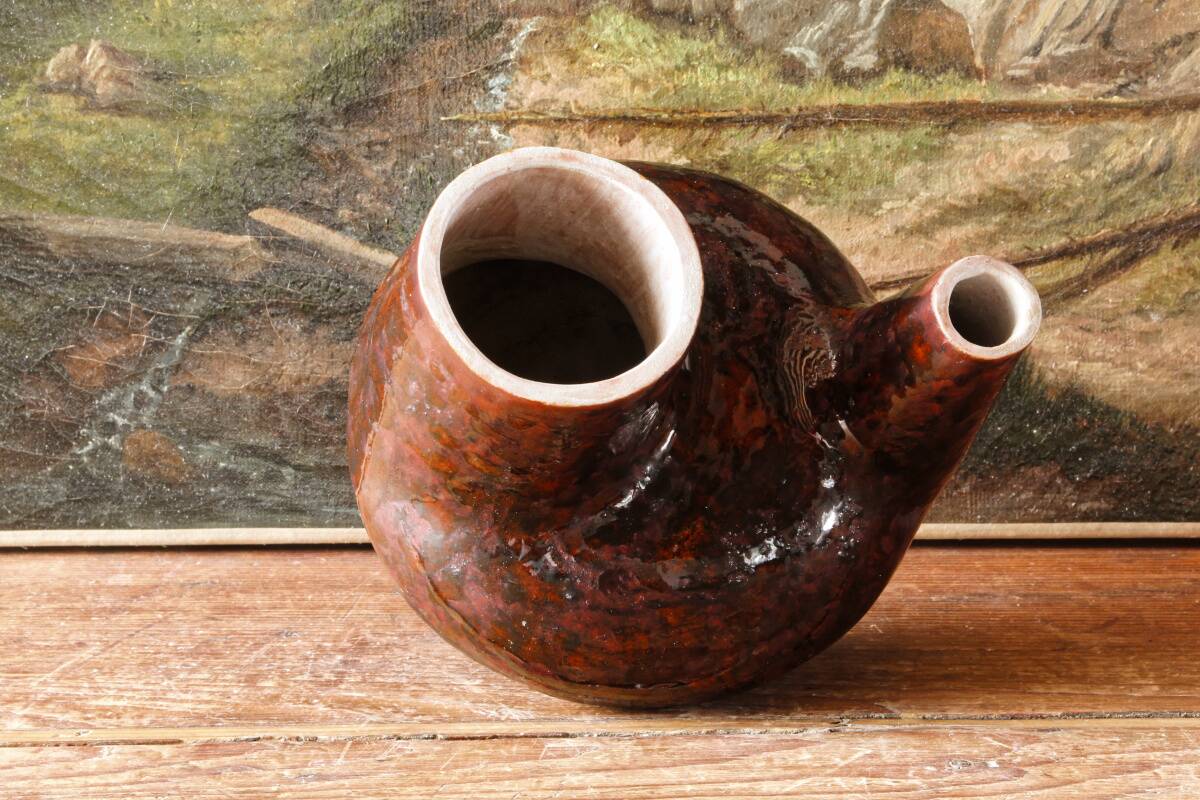 Raw double-neck vase, flame-formed ceramic, monogram JA, 1950s-60s.