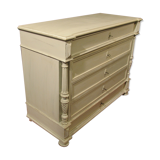 Ancienne commode style Louis XVI en bois patiné blanc shabby 5 tiroirs
