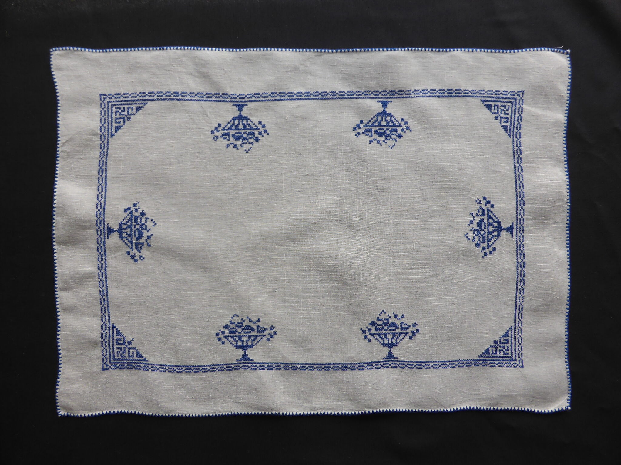 Old linen yarn case embroidered in blue with fruit baskets-6 Tray fund