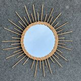 old vintage rattan wicker sun mirror authentic 70s Diameter 56