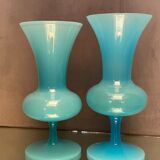Two vases on a pedestal in blue opaline