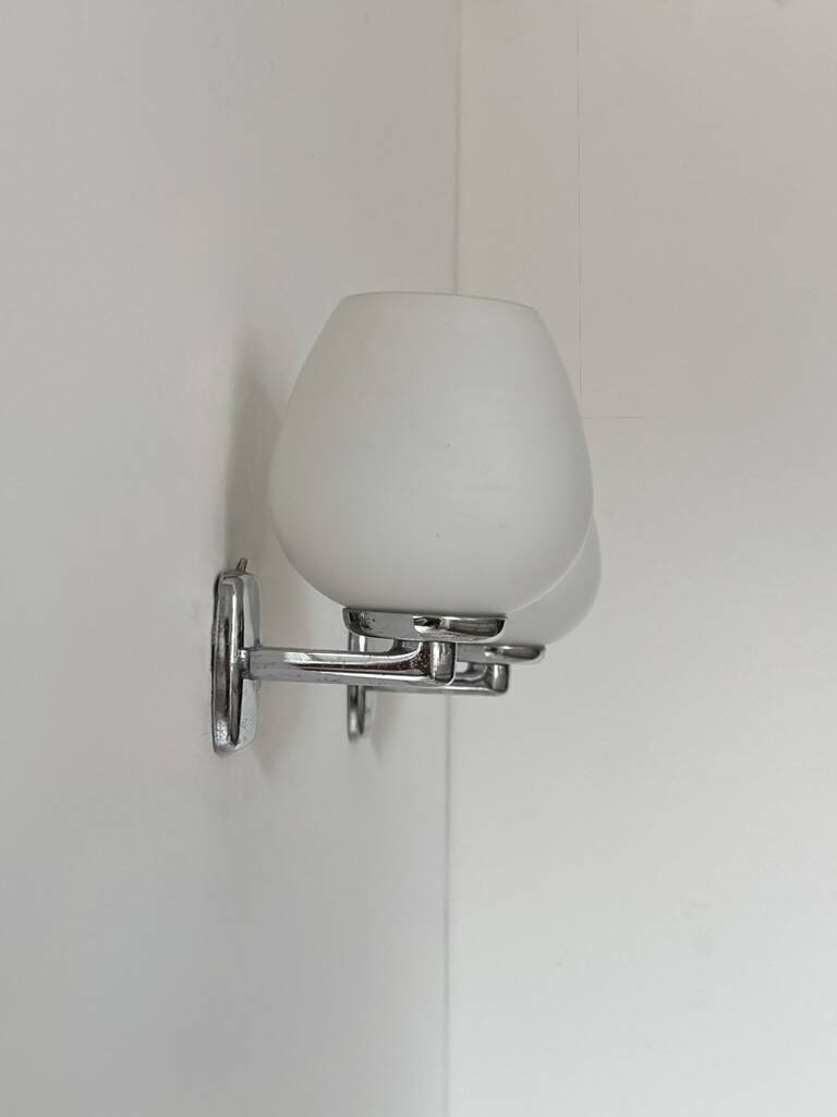 Pair of vintage opaline and chrome metal wall lights, France, 1970.
