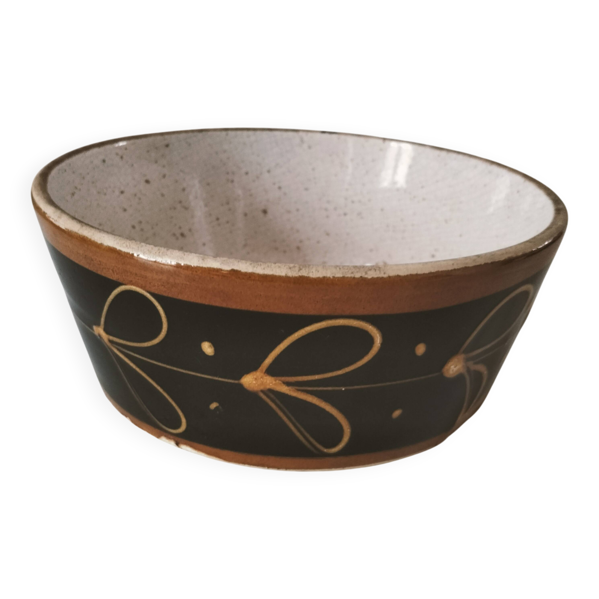 Vintage dish with black and ochre decoration and a speckled crackled interior – 1970s