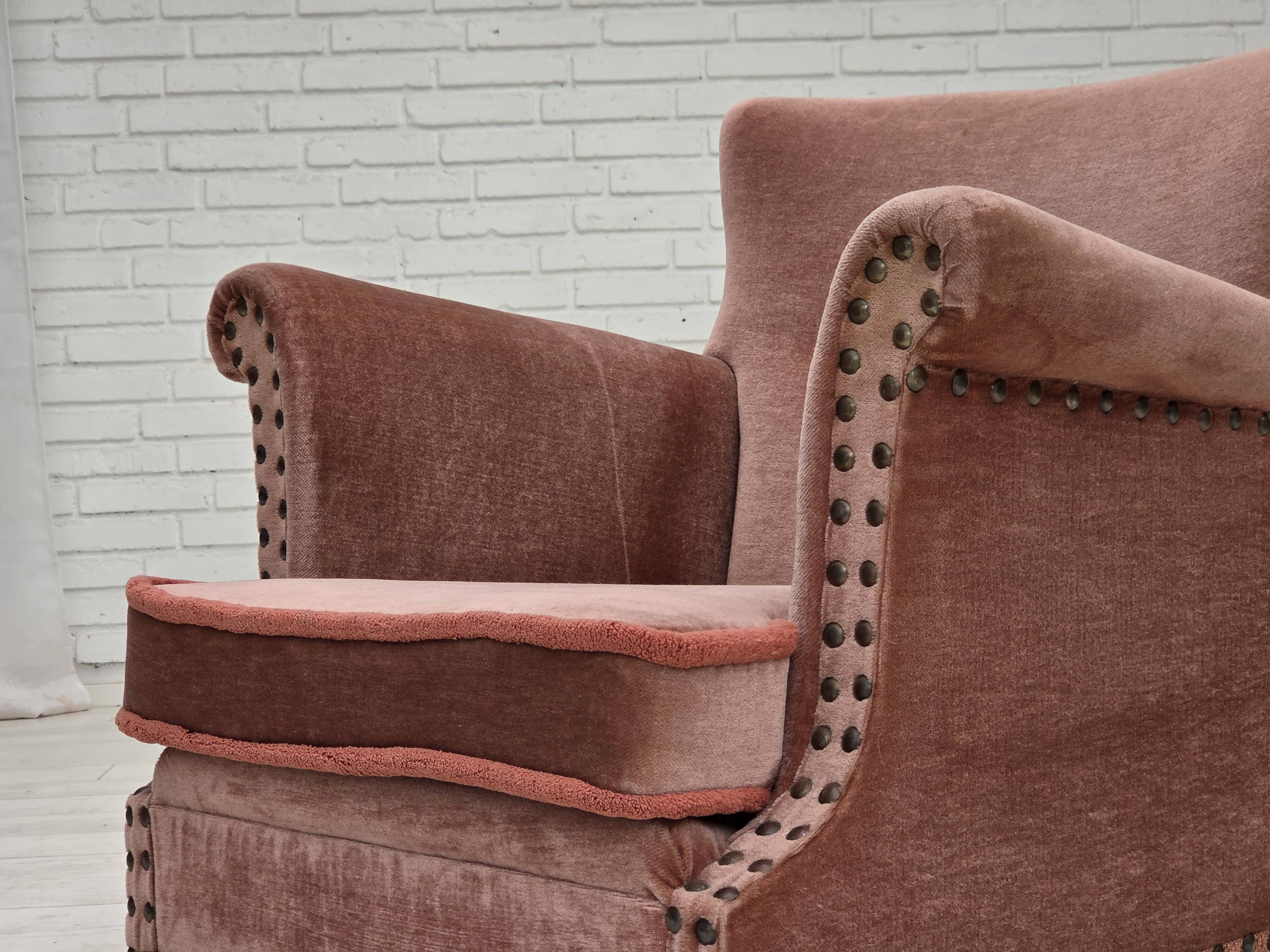 1970s, Danish armchair, salmon pink furniture velour, beech wood.