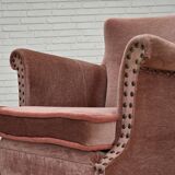 1970s, Danish armchair, salmon pink furniture velour, beech wood.
