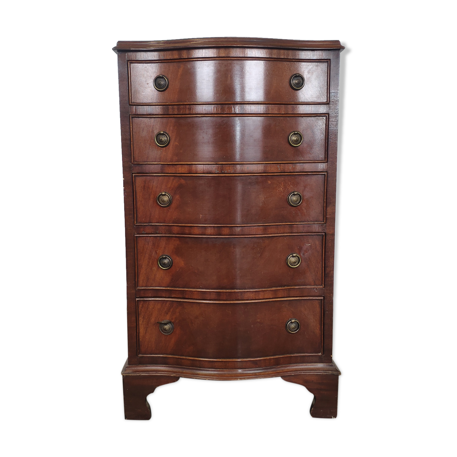 Commode galbée acajou 5 tiroirs poignée anneaux