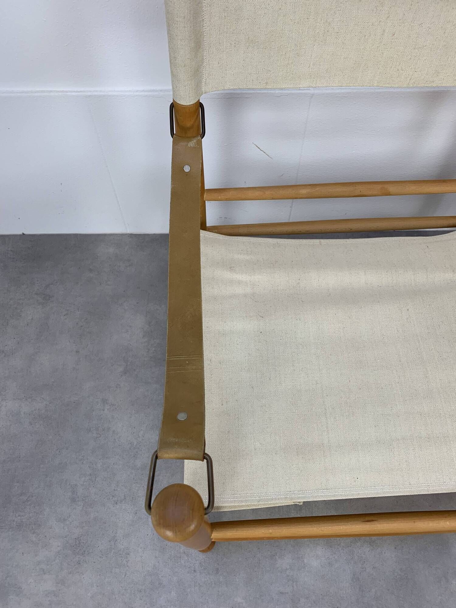 Pair of safari armchairs canvas and leather stretched