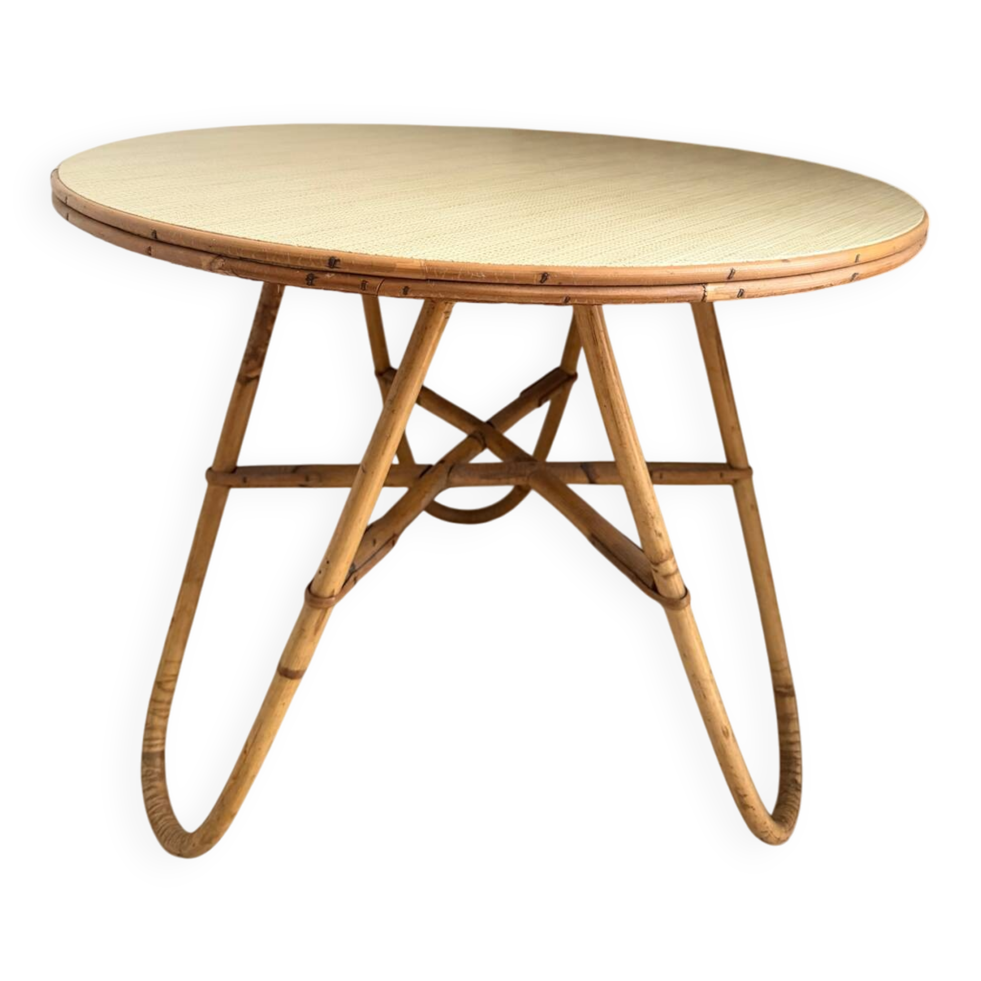 Vintage round tripod side table in rattan