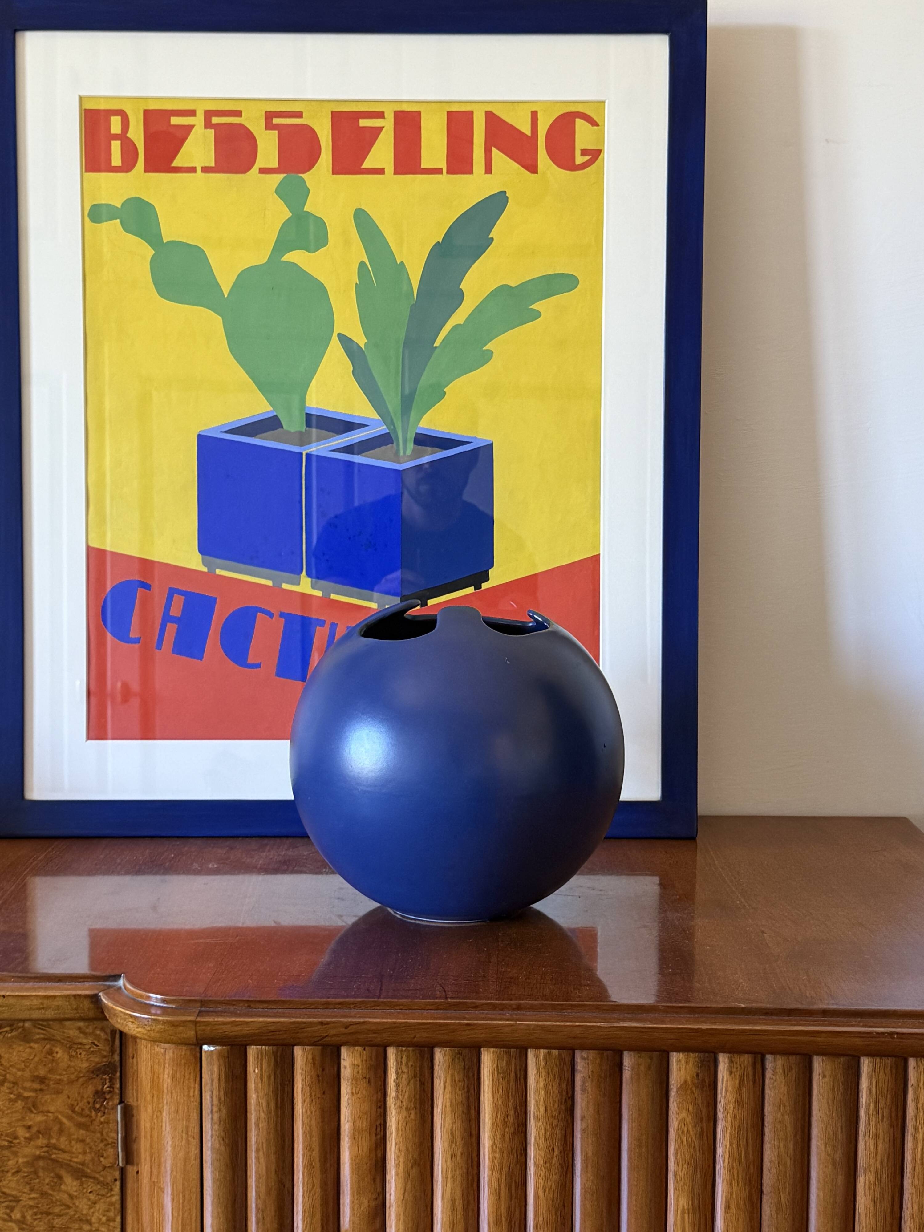 Modern blue spherical ceramic vase, Italy 1970