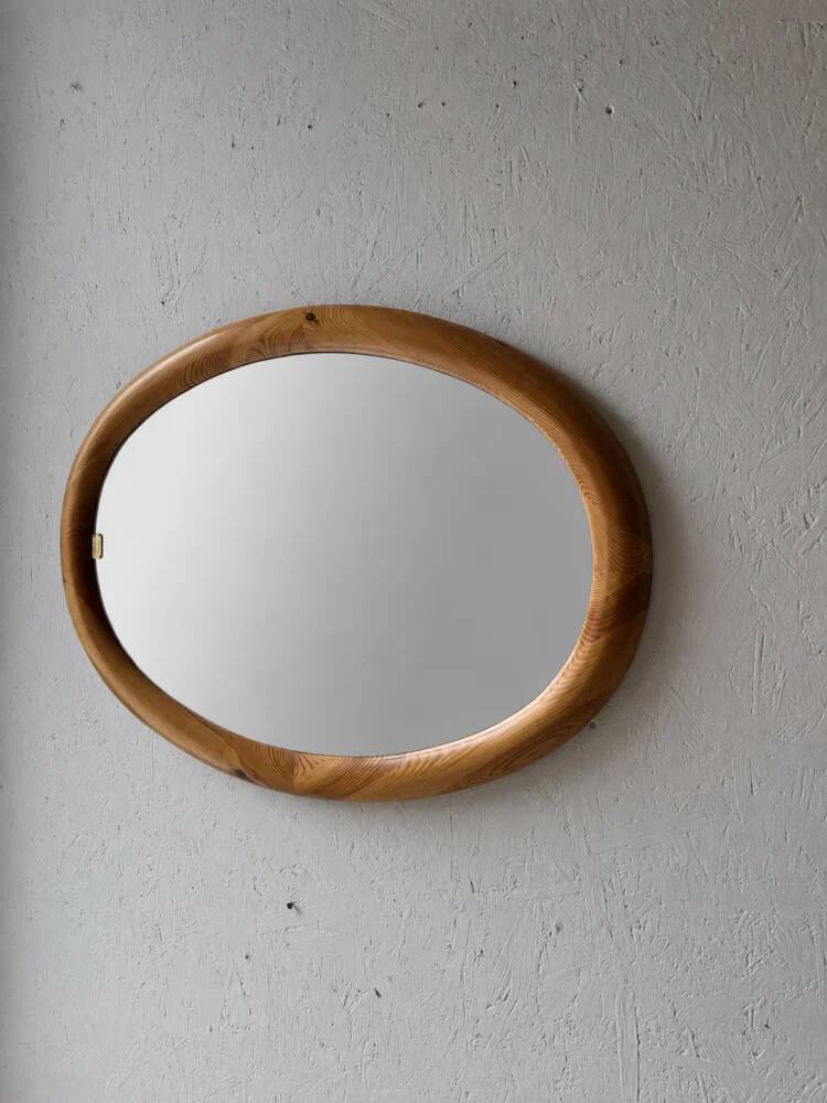 Oval pine mirror Glasmaster Markaryd Sweden 1970s