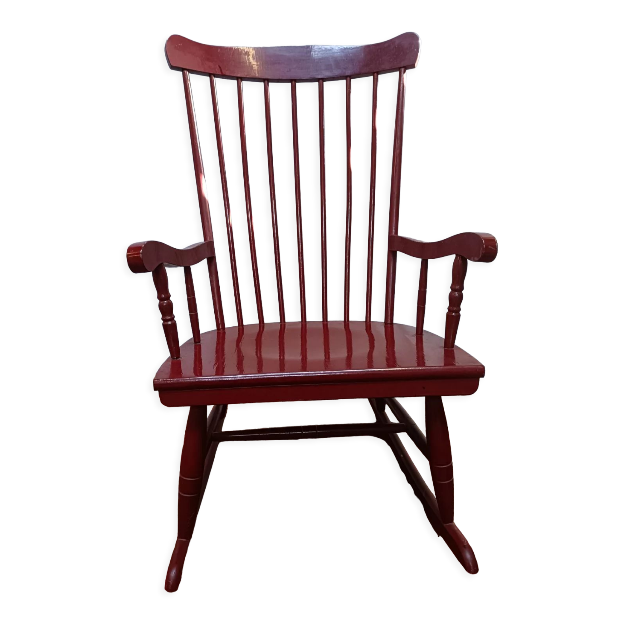 Rocking chair vintage en bois peinture bordeaux