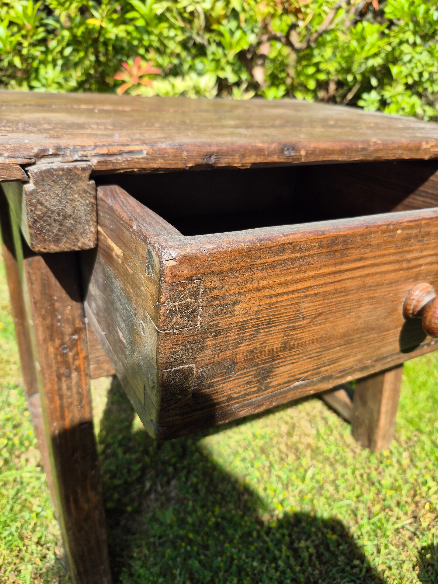 Antique Spanish side table pine rustic pay table with drawer