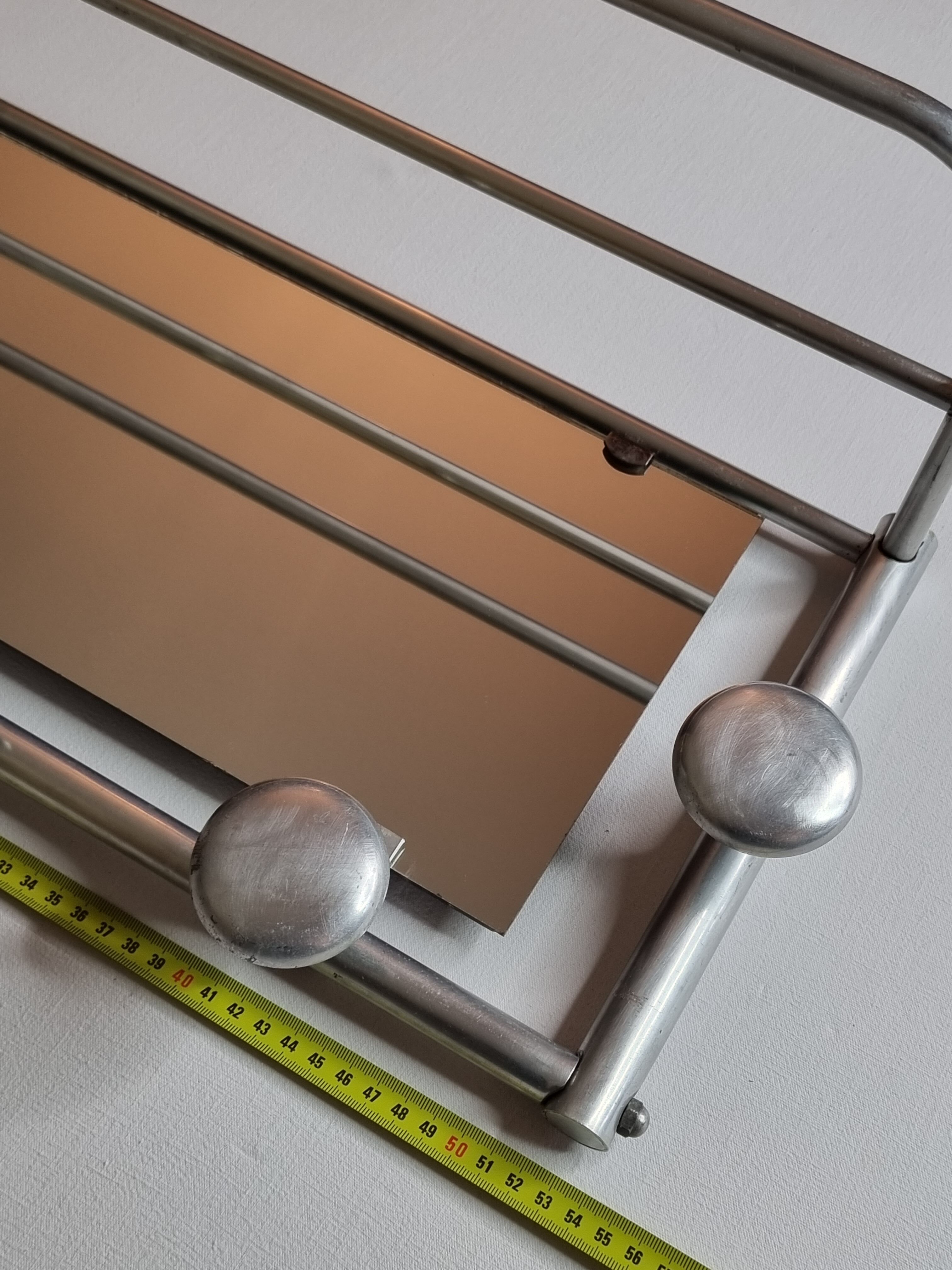 Aluminum wall coat rack with mirror, 5 hooks and a hat holder, 50s