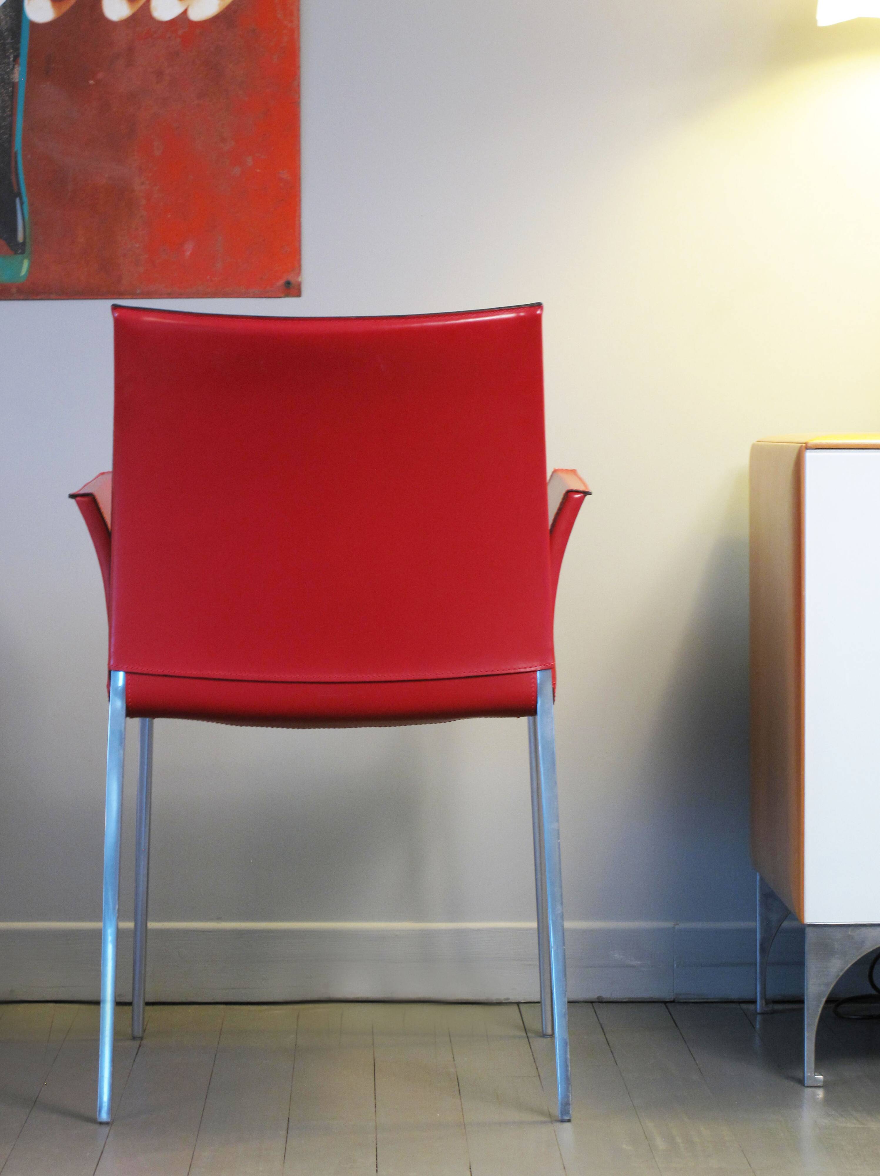 Set of 4 Zanotta armchairs in red leather