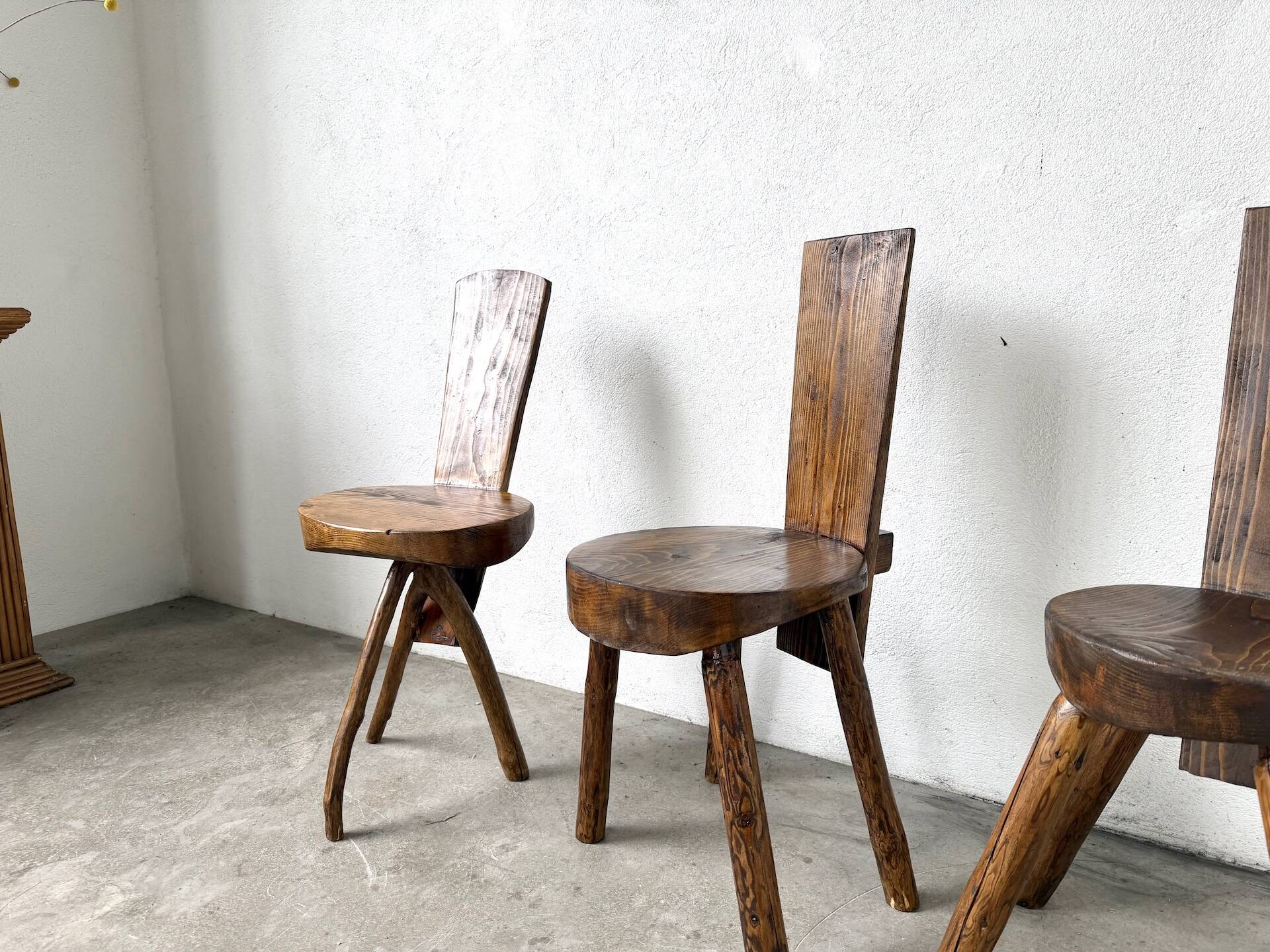 Set of three alpine chairs in solid pine, France, 1950s.