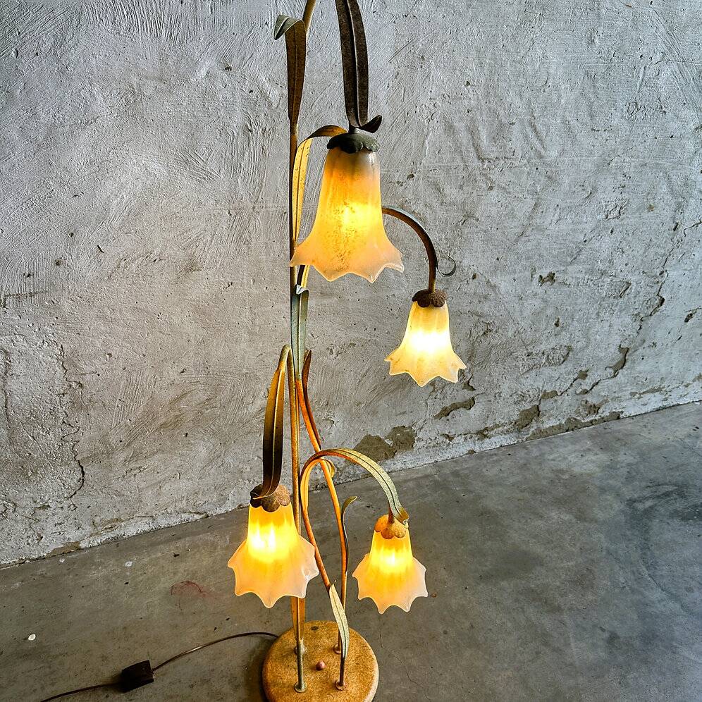 Mid-century elegant toleware floral floor lamp with glass pendants, France 1980