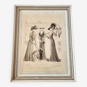 Illustration of a French fashion sketch from 1900 with certificate of authenticity