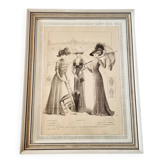 Illustration of a French fashion sketch from 1900 with certificate of authenticity