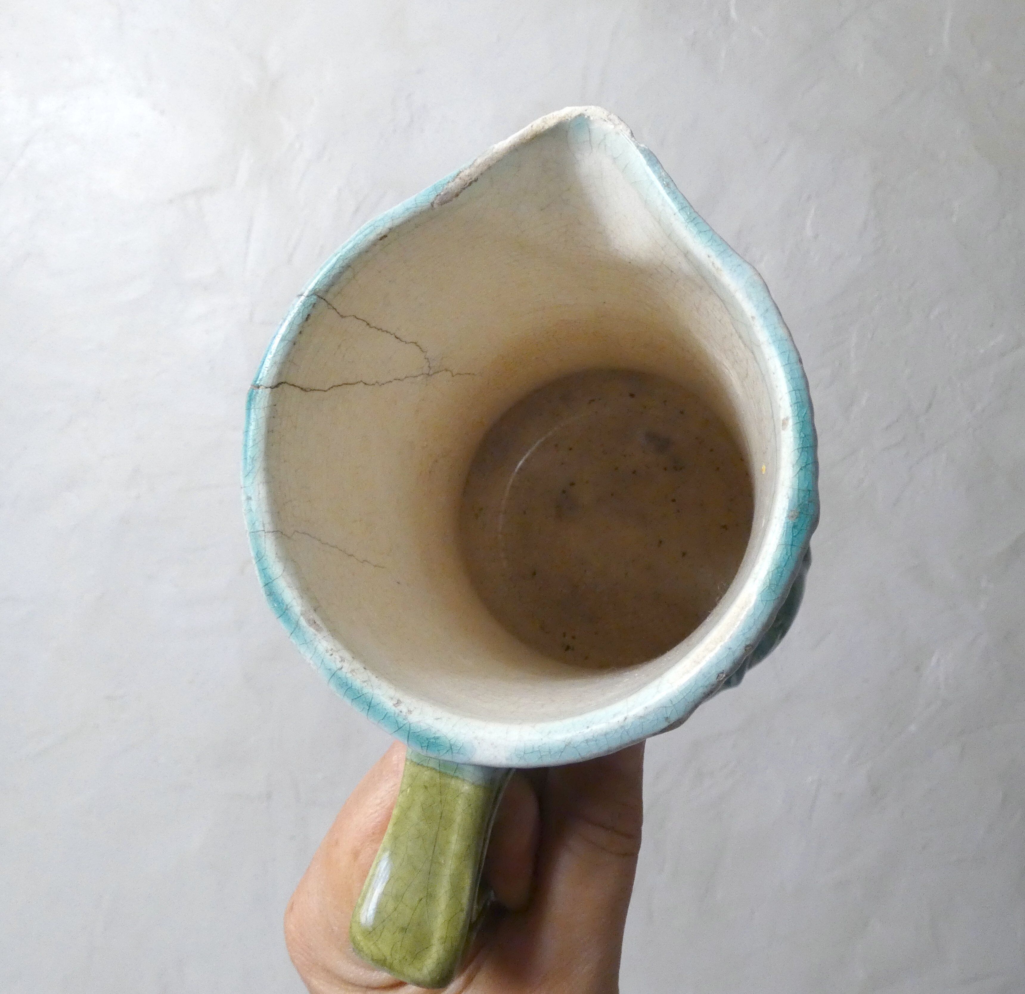 Antique Art Deco turquoise flowered slipware jug vase