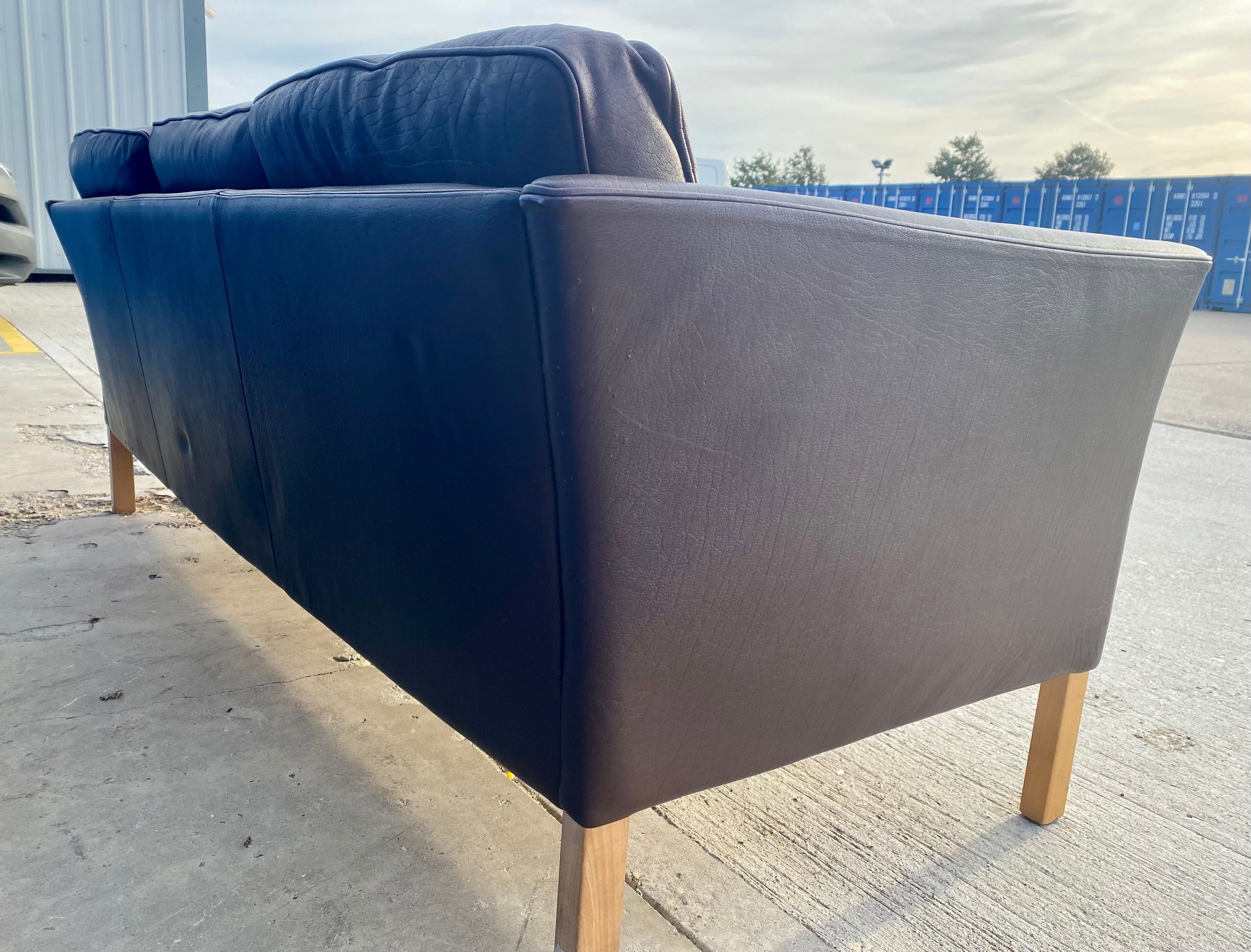 Danish brown leather three seater sofa