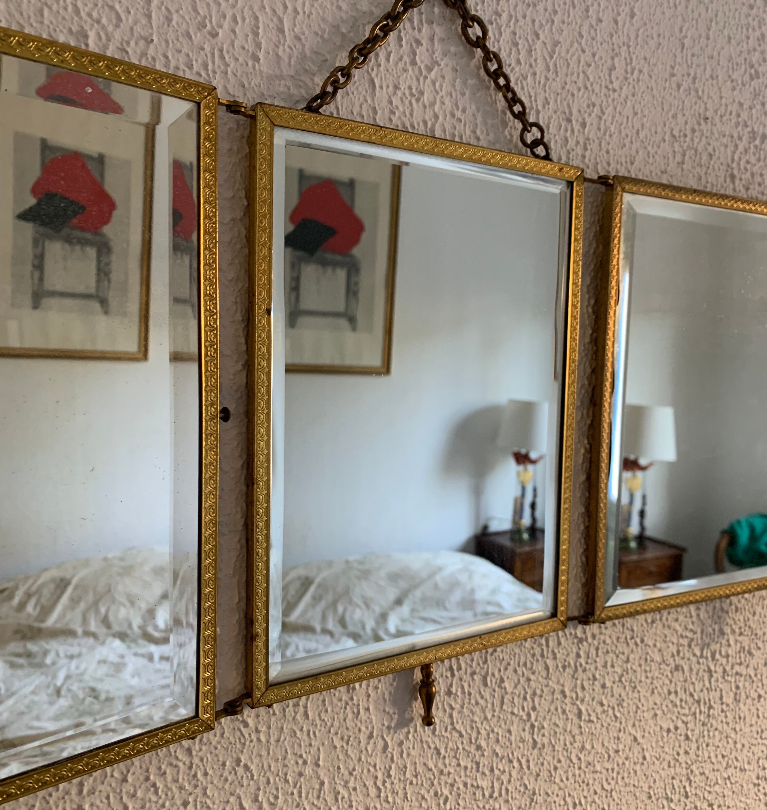 Vintage mirror 1900 triptych barber brass chiseled - 27 x 58 cm