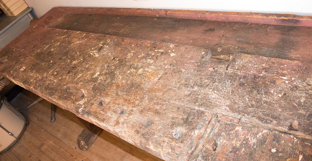 Old solid industrial wooden workbench 2 meters wide