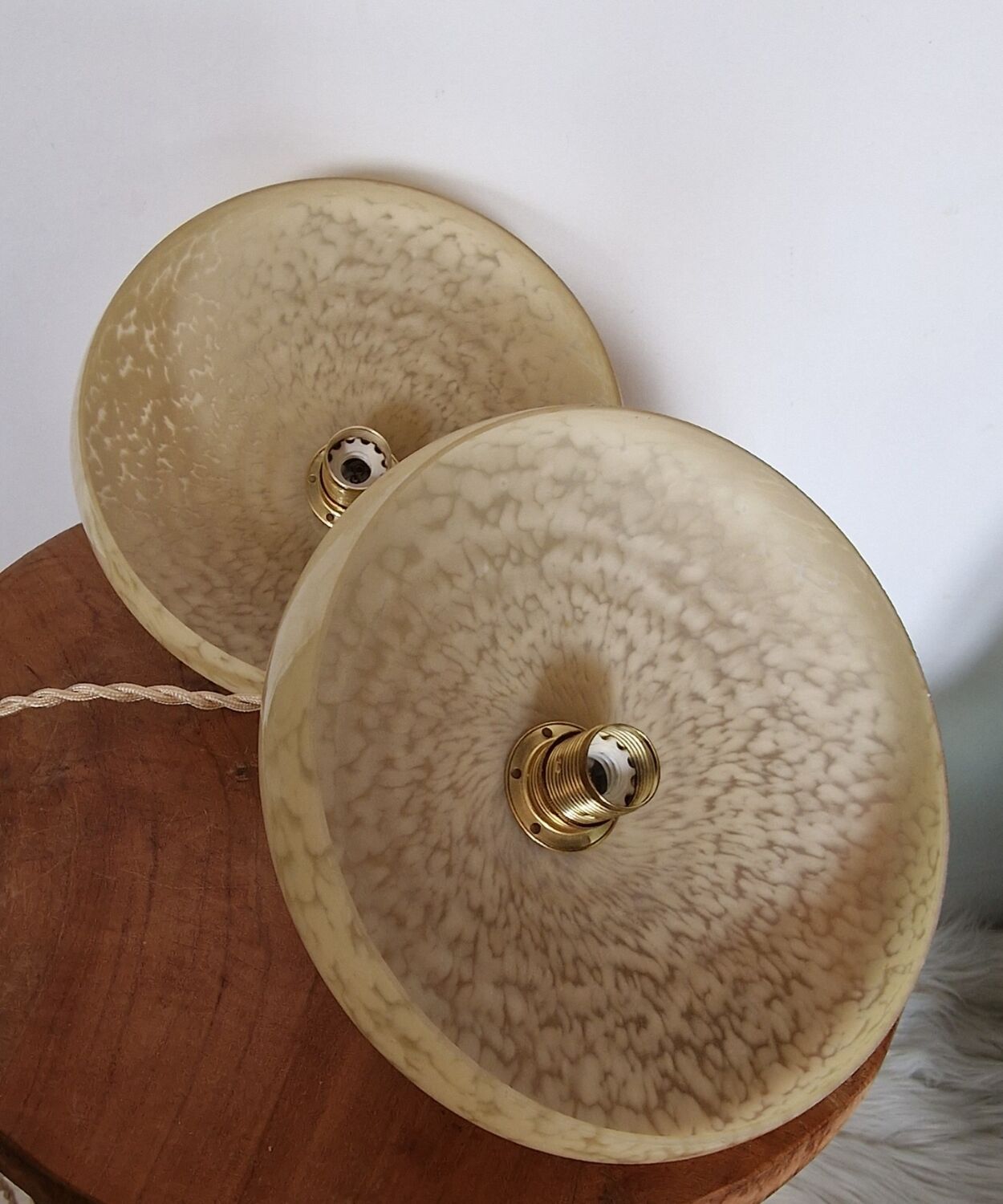 Two glass hanging lamps from clichy art deco period