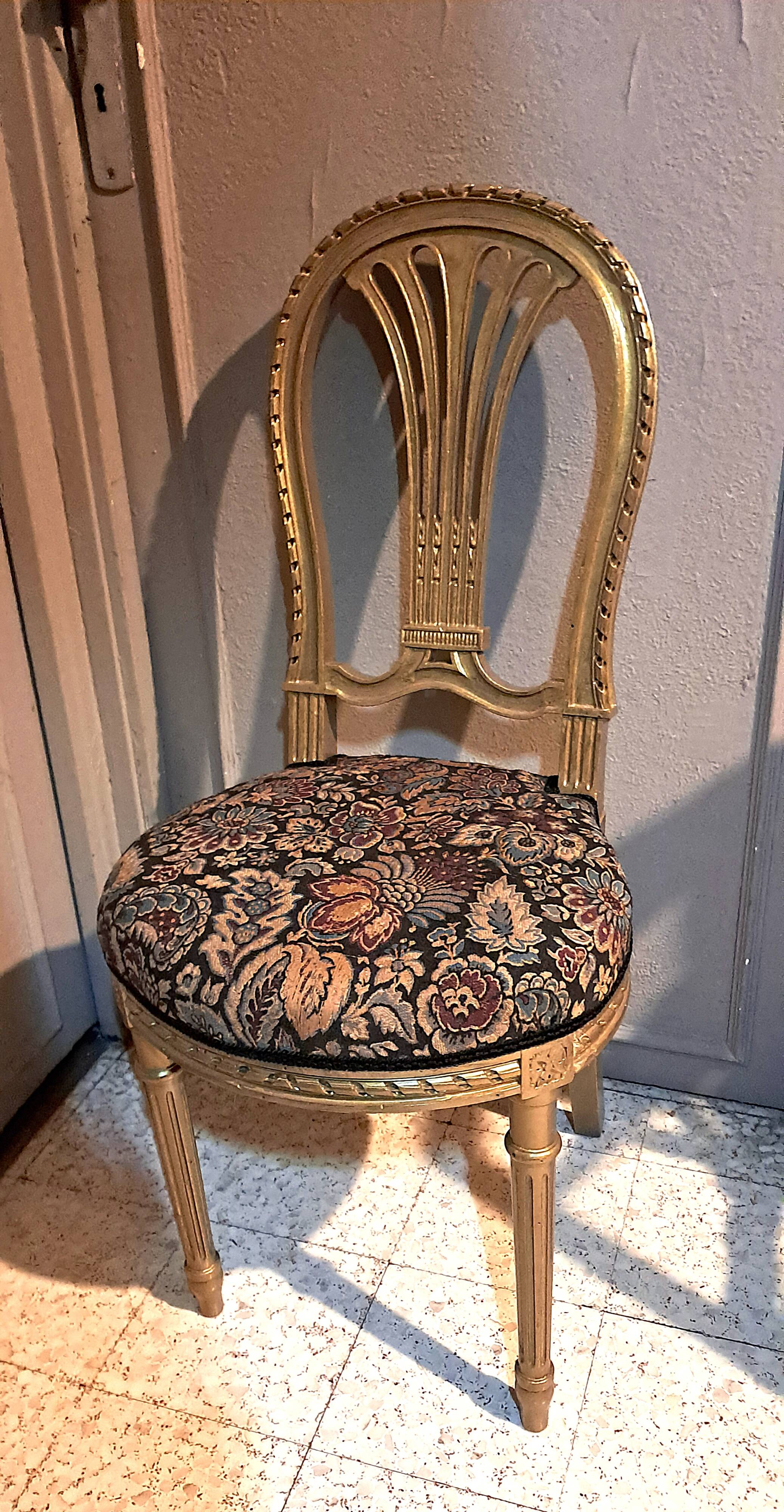 Napoleon III chairs, gilded wood, upholstered in damask fabric
