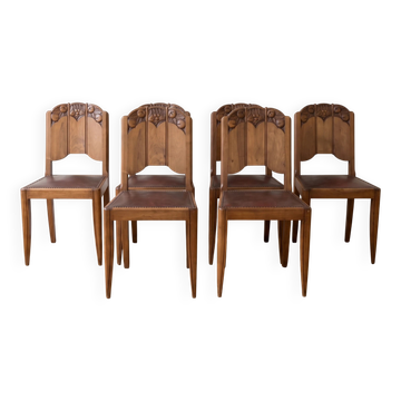 Set of 6 Art Deco chairs in wood and leather