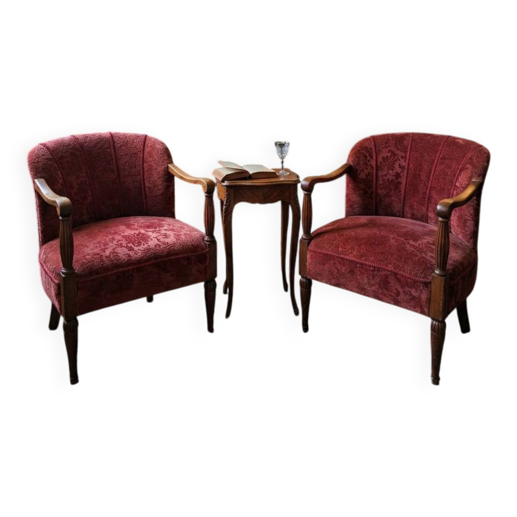 Elegante Coppia di Poltrone Vintage Anni '60 in Rovere e Velluto Damascato