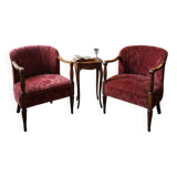 Elegante Coppia di Poltrone Vintage Anni '60 in Rovere e Velluto Damascato