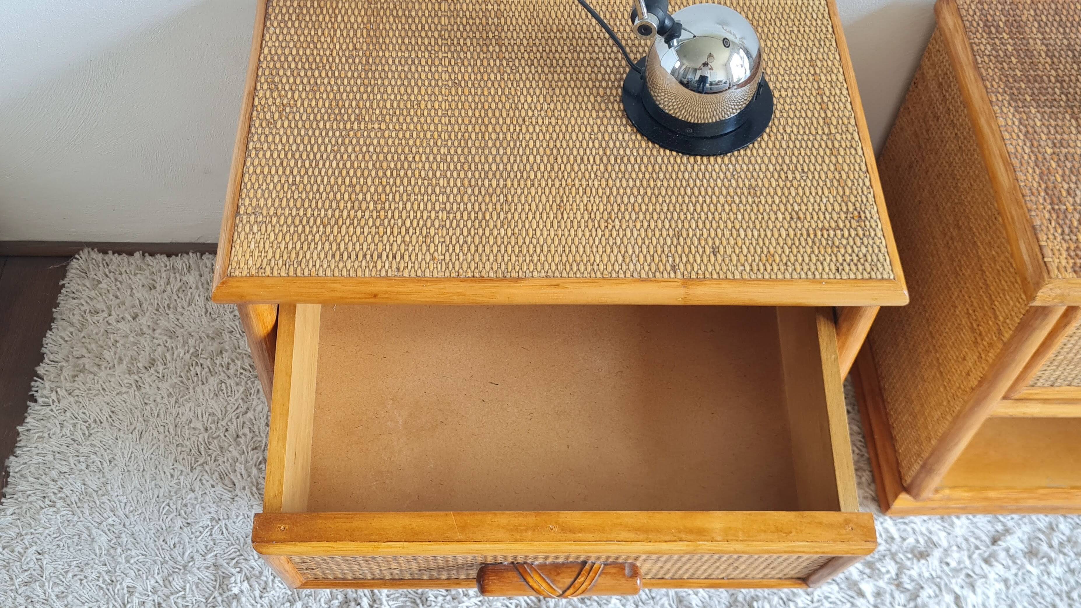 Pair of vintage rattan bedside tables from the 1970s.