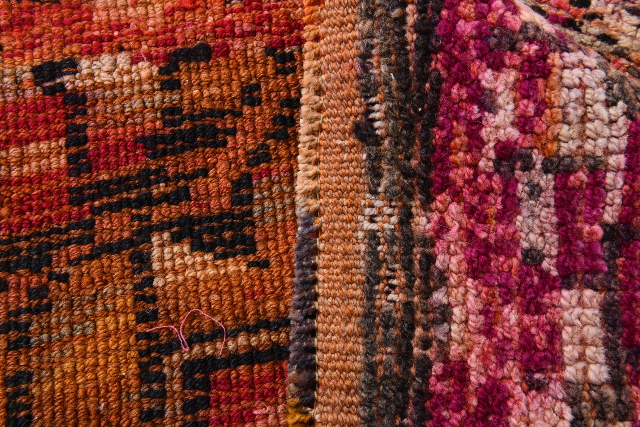 Fuchisa & Burgundy Turkish Runner Rug, One of a Kind Hallway Runner