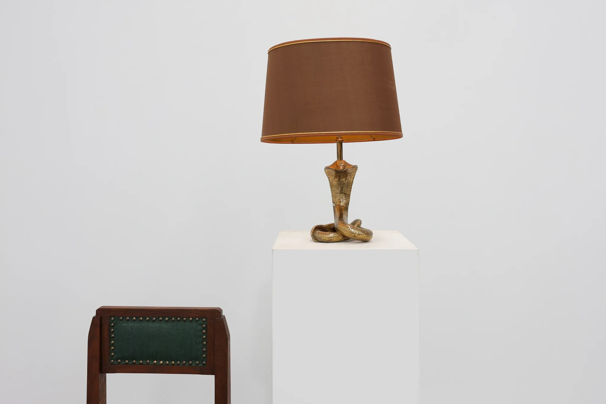 Hollywood Regency Brass Cobra Table Lamp with Brown Shade, France, 1970s