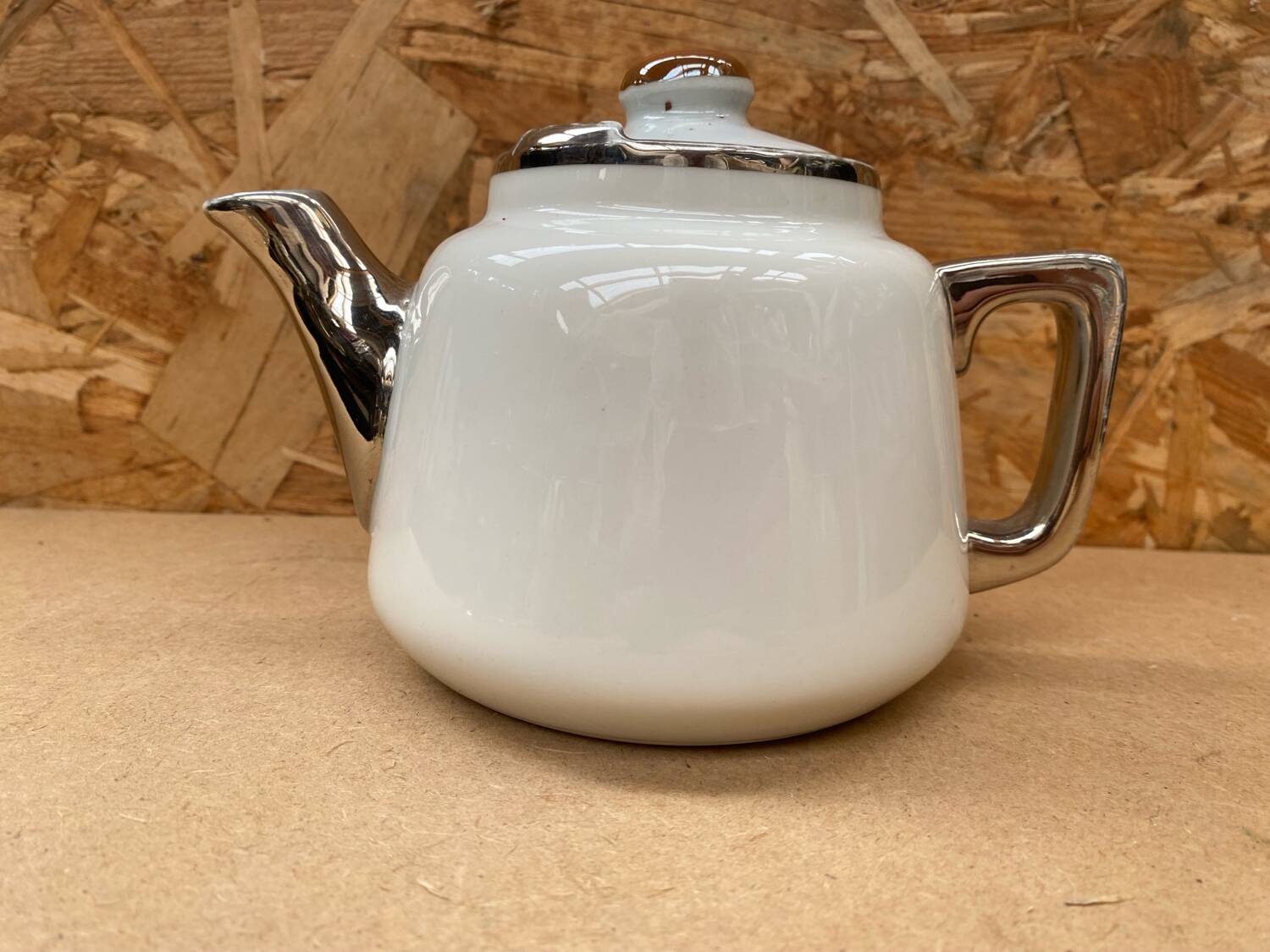 Antique aluminite teapot frugier white & silver ceramic vintage