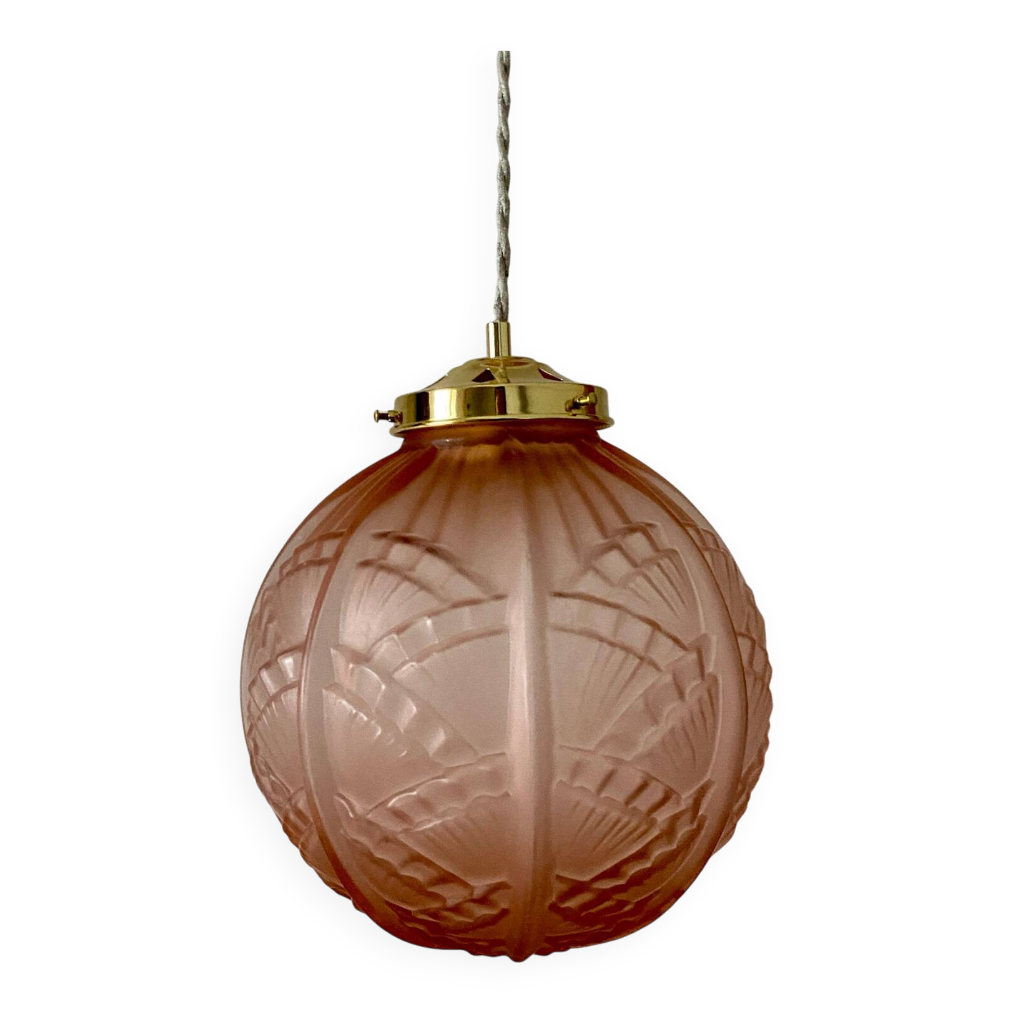 Vintage art deco globe pendant light in pink frosted glass
