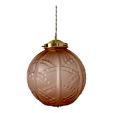 Vintage art deco globe pendant light in pink frosted glass