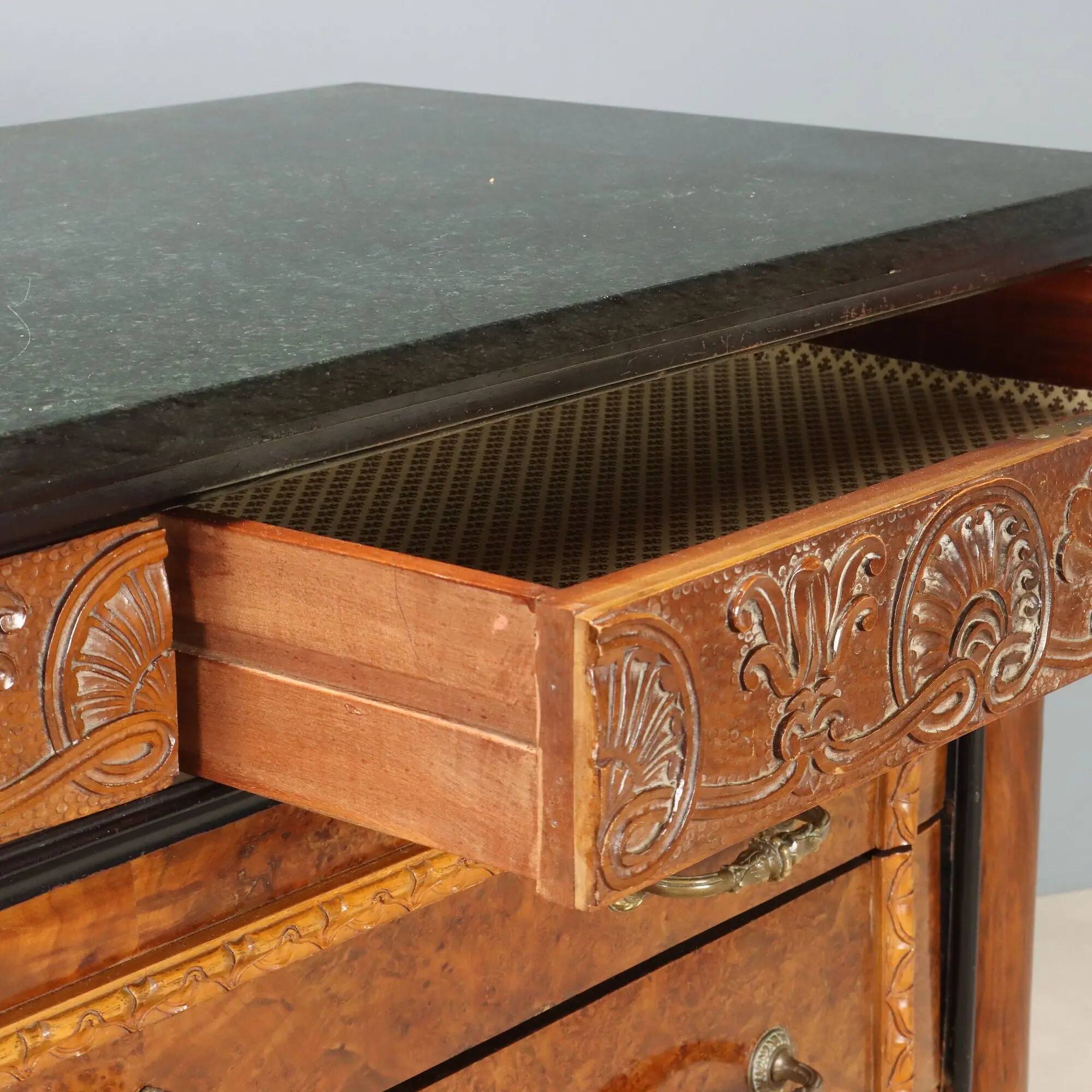 Antique walnut burl commode with marble top, Italy, 20th century.