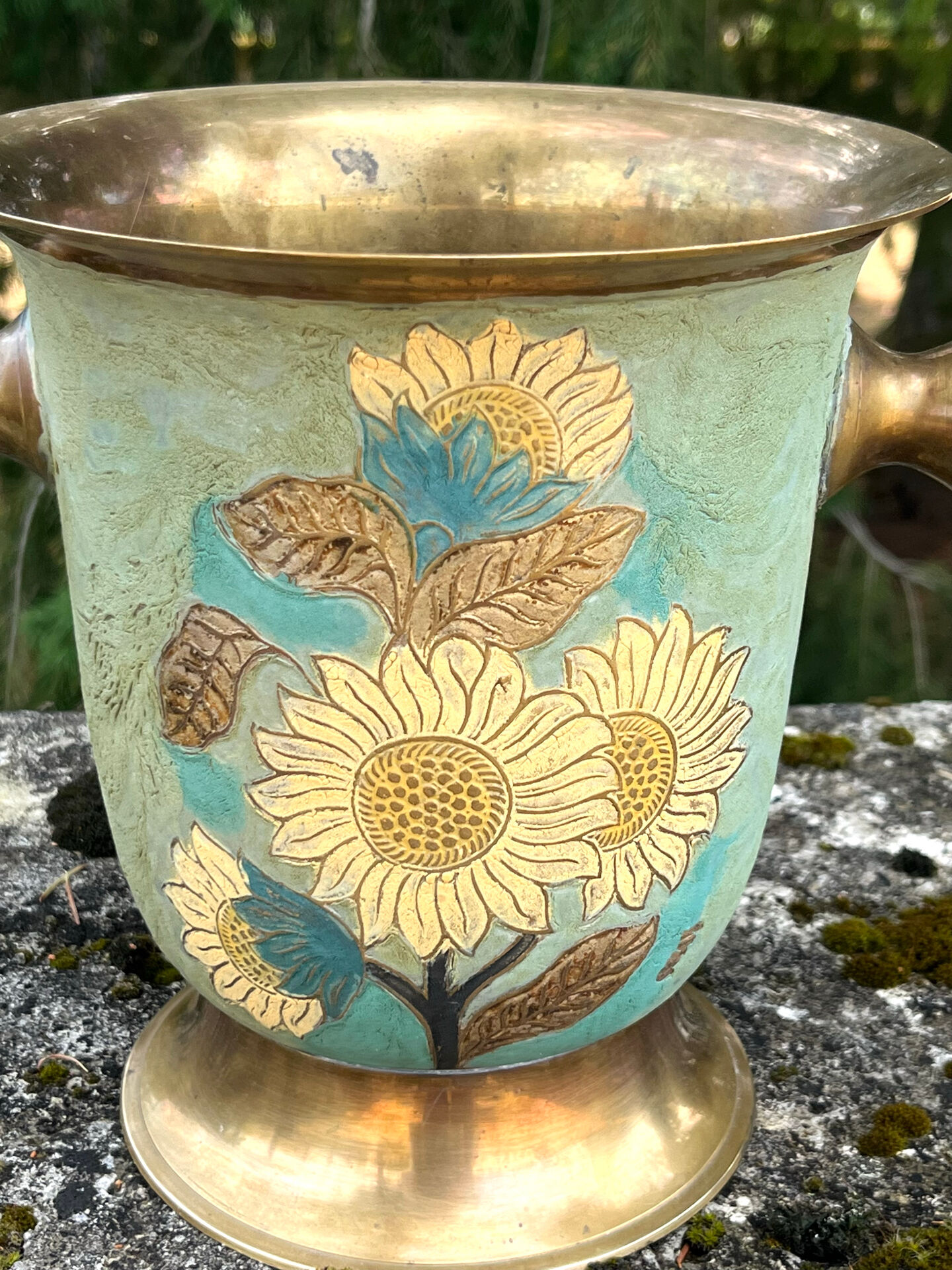 Cloisonne Brass champagne bucket with sunflower relief decoration