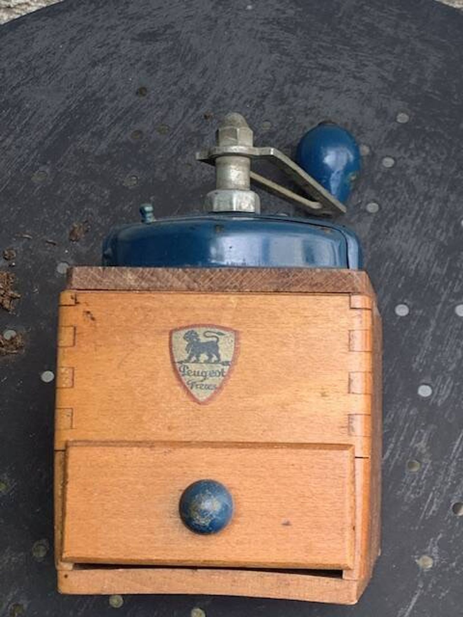 Peugeot Freres coffee grinder in wood and vintage blue metal