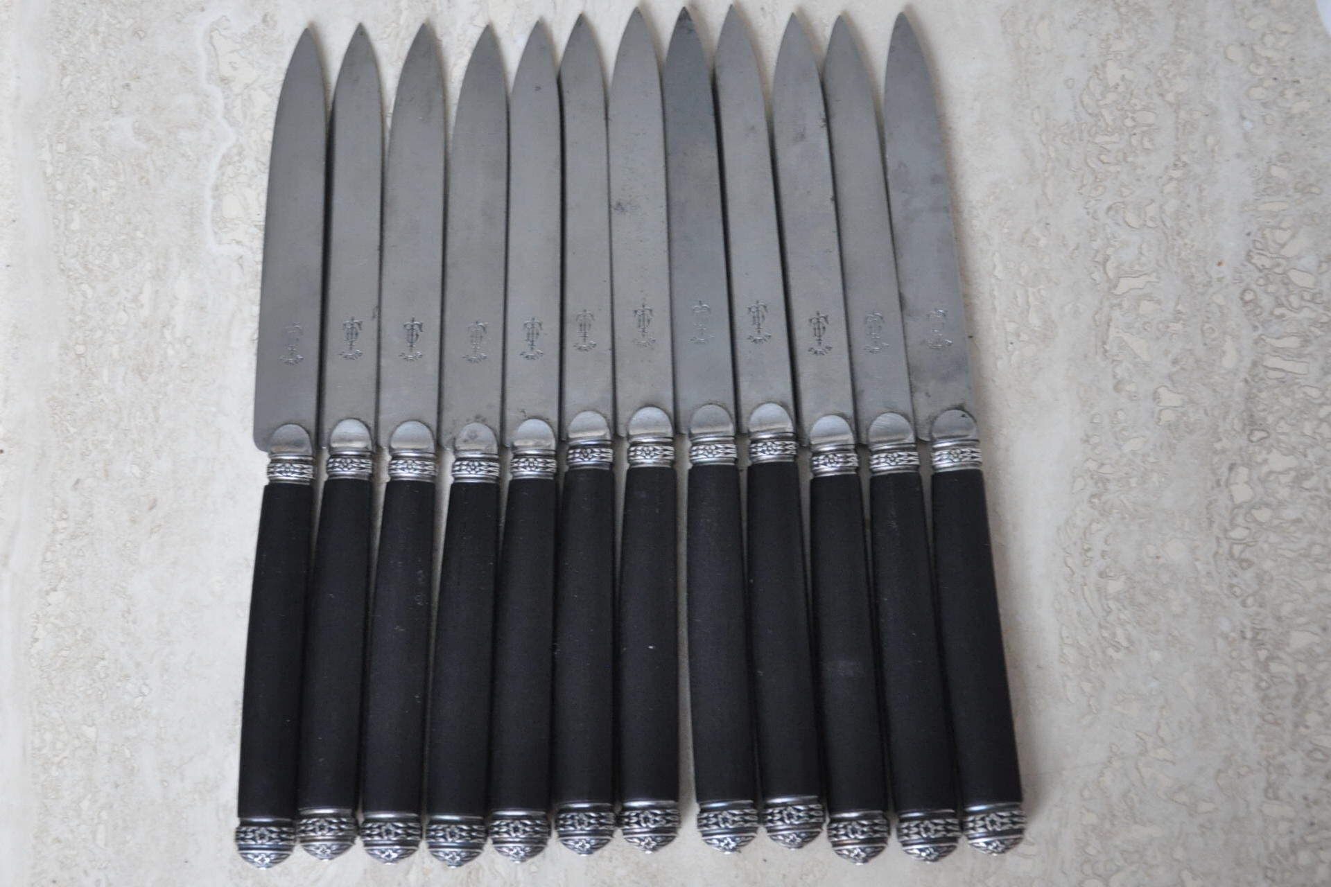 12 Antique silver ebony dessert knives