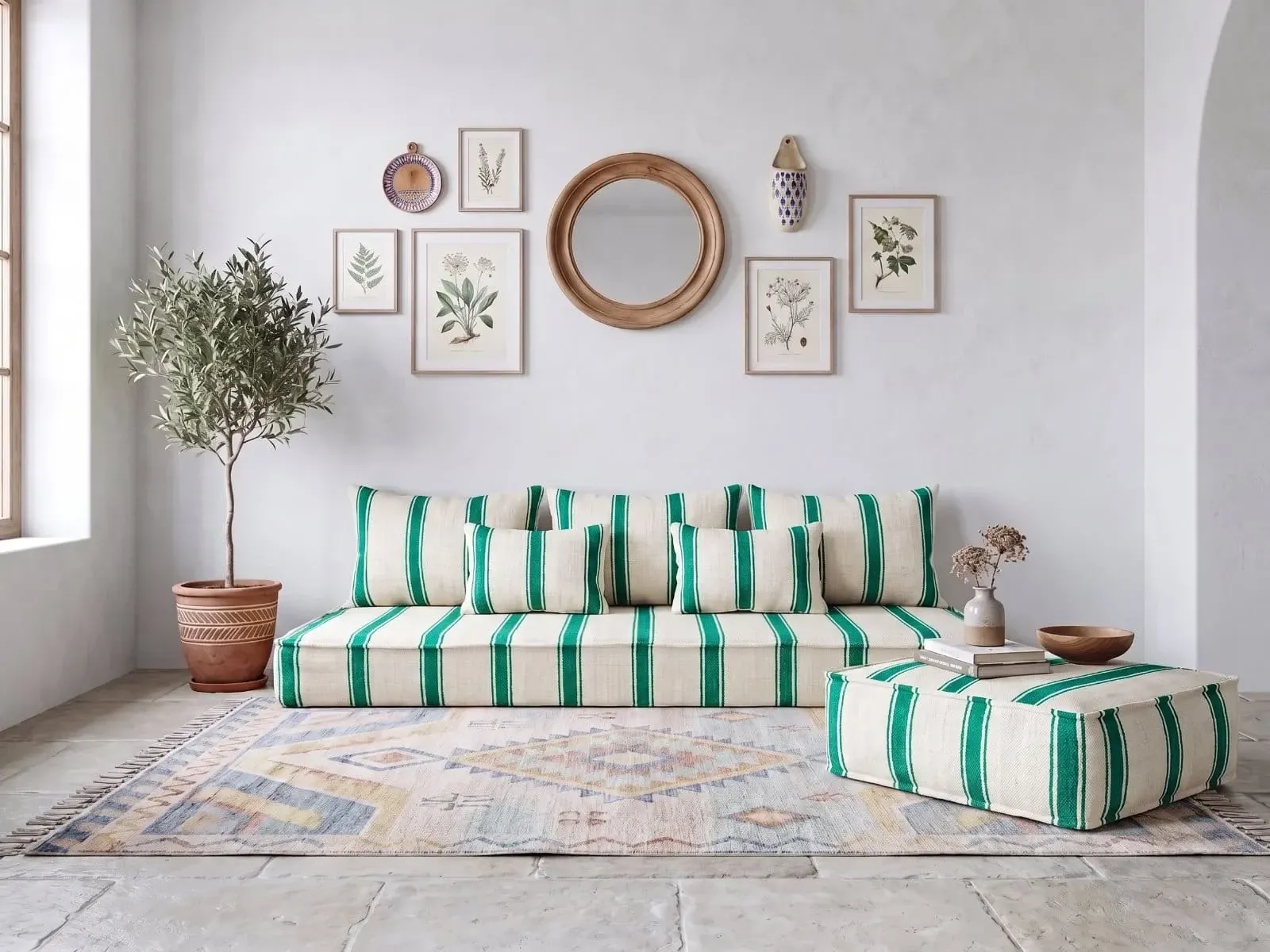 Emerald striped Moroccan living room set with pouf.