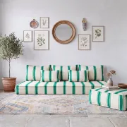 Emerald striped Moroccan living room set with pouf.