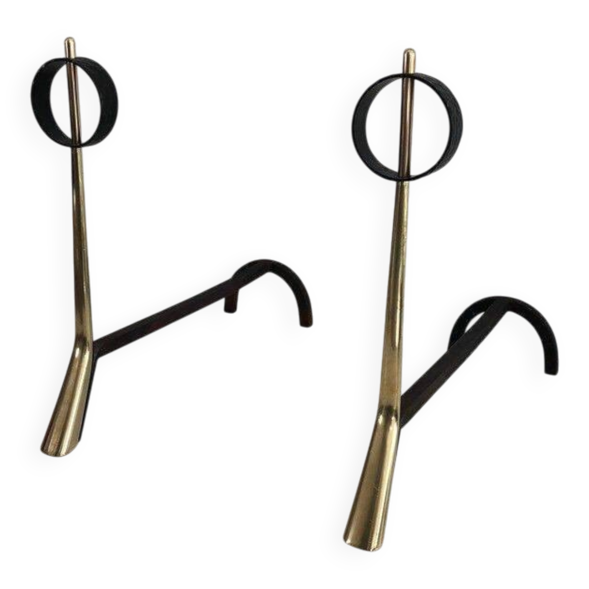 Pair of modernist bronze and wrought iron andirons
