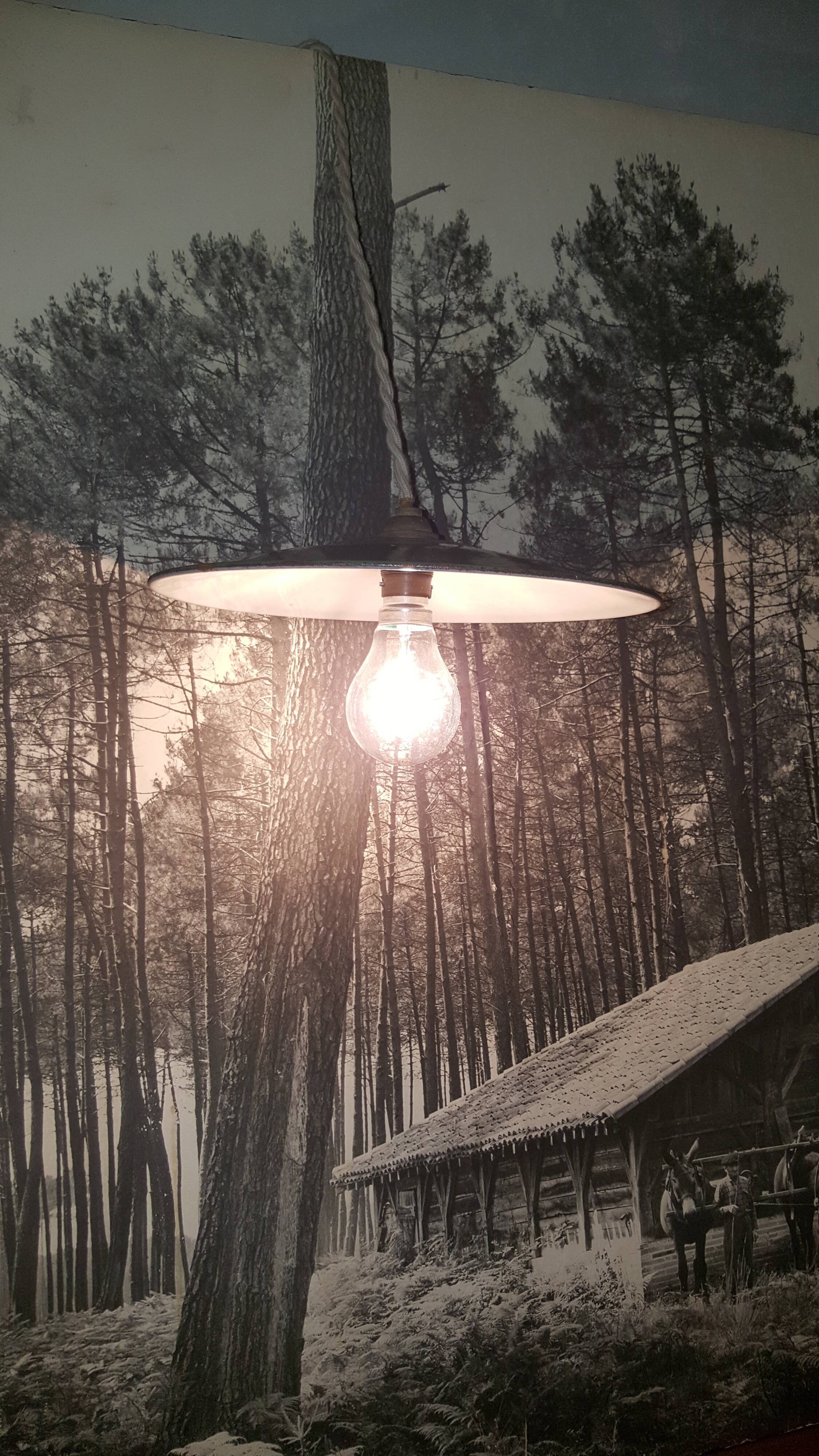 Green and white enamelled metal lampshade