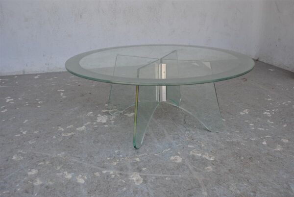 Table basse ronde années 80 vintage en verre et plexiglass