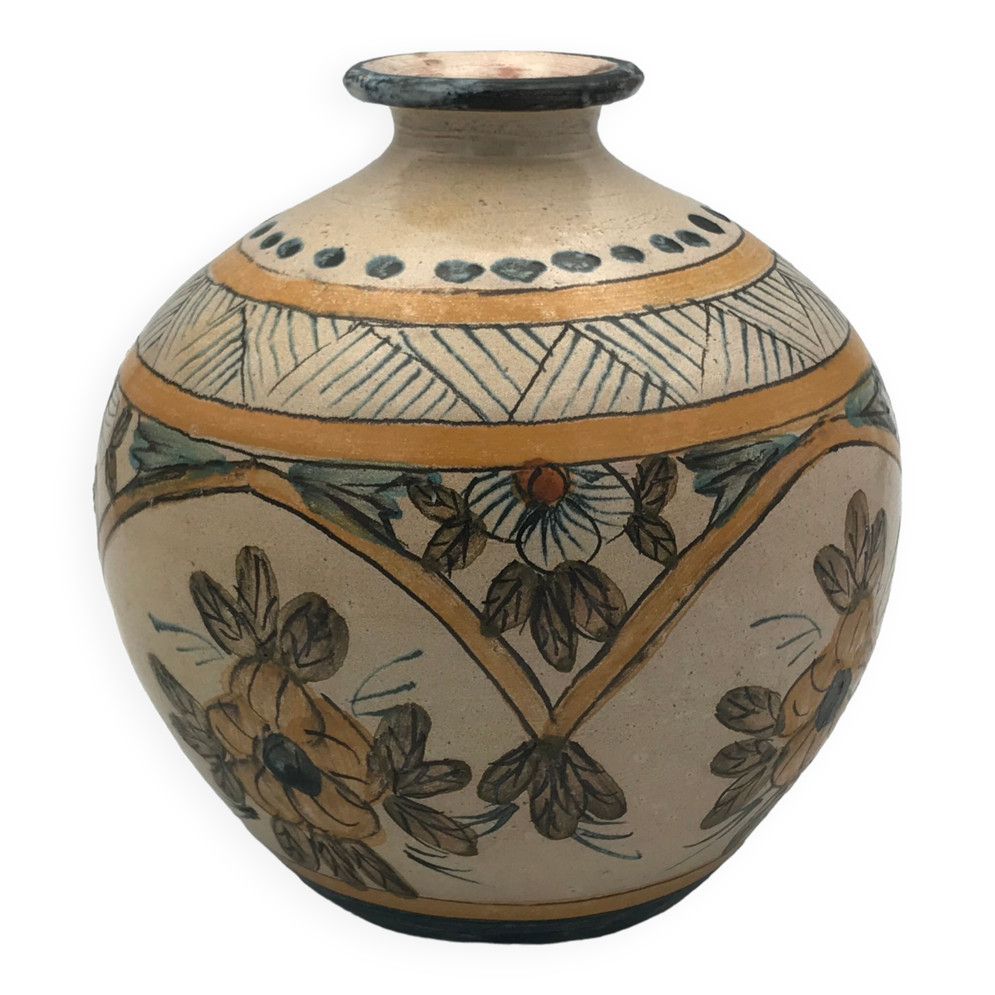 Vintage vase shaped terracotta ball with handheld paint decoration polychrome signed