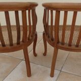 2 Colonial armchairs in natural solid wood with cane seats