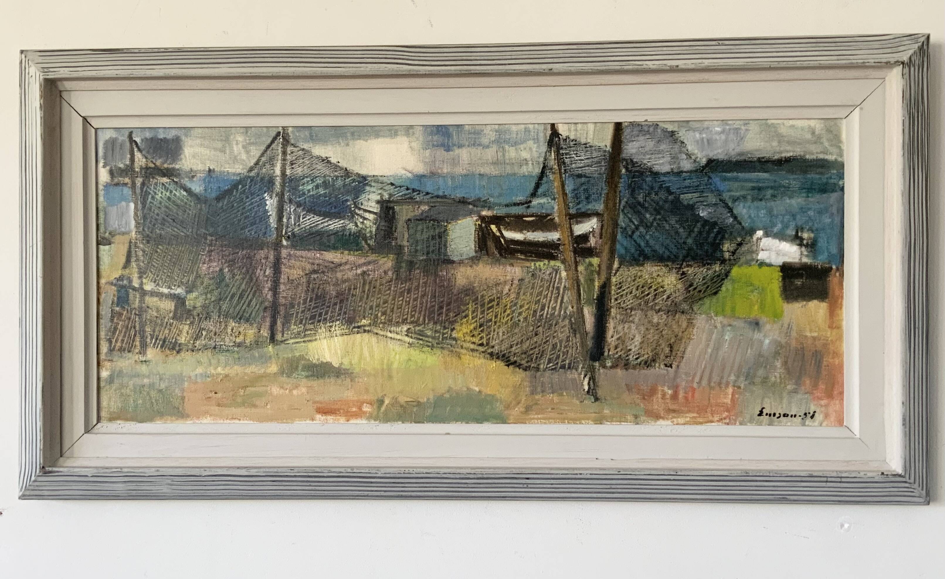 Vintage Oil Painting Fishing Village Scene 1950s